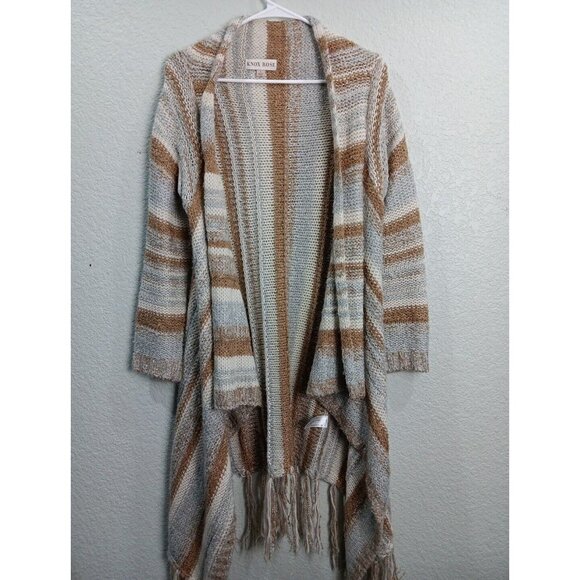 Knox Rose Sweaters - Knox Rose Long Knit Cardigan Duster Womens Large Open Front Fringe Boho Neutral